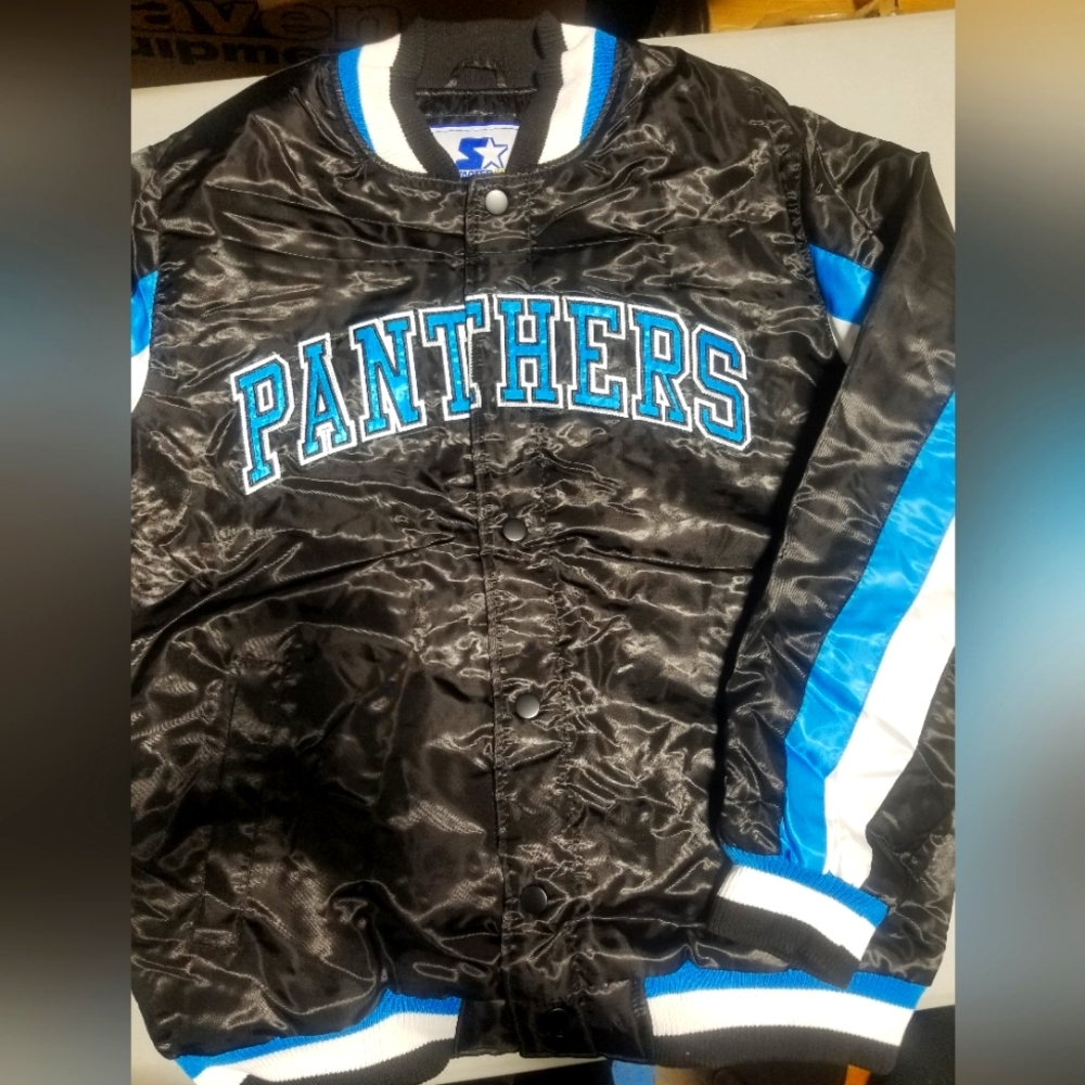 Carolina Panthers Starter Black Locker Room Satin Varsity Full-Snap Jacket